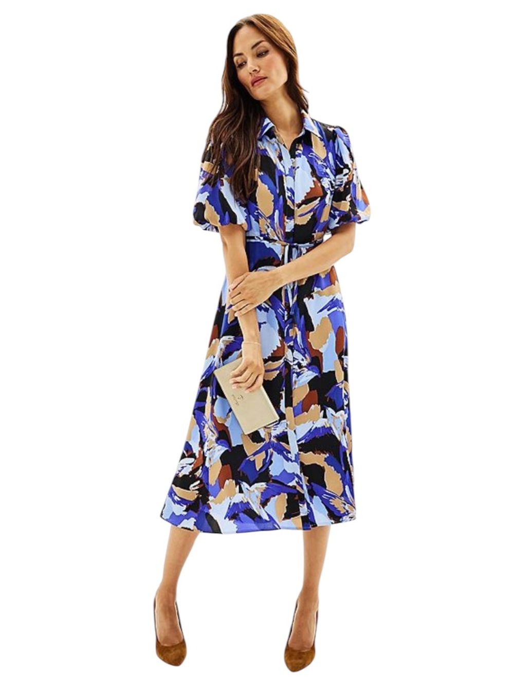 Nine West Satin Collared Midi Dress - Puff Balloon Sleeve - Button Down w/ Belt